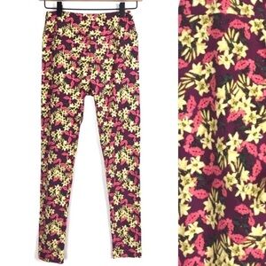 LULAROE Leggings OS One Size Floral Flowers Purple Pink Green Yellow Retro Mod